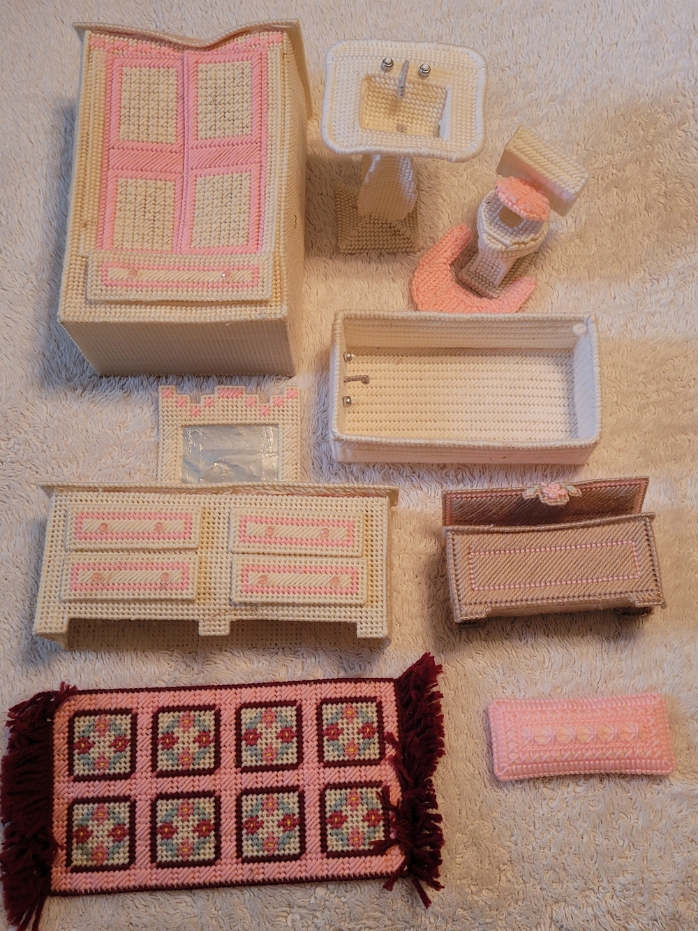 9 Piece Vintage Handcrafted Dollhouse Furniture Set in Cream and Pink